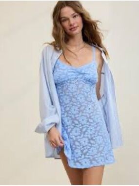 Aerie Off Shore Lace Sheer Blue Mesh Nightie Indie Sleaze Festival Mini Dress XL